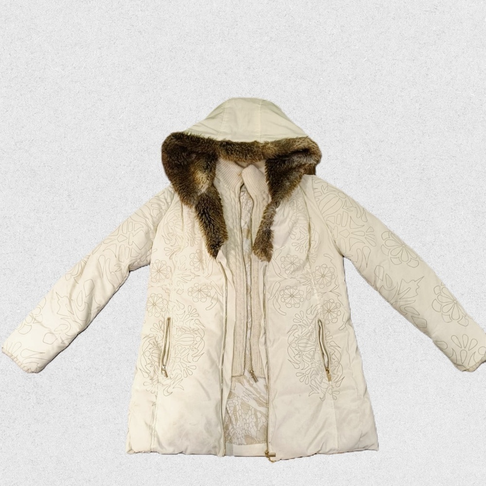 Desigual Puffer Coat Faux Fur Hood Cream Beige Size 36 | US 4-6